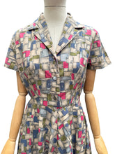 Load image into Gallery viewer, Original 1950’s Crisp Cotton Day Dress in Grey, Blue, Pink and Green - Bust
