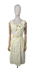 Load image into Gallery viewer, Original 1950&#39;s Yellow, Green and Brown Novelty Print Sleeveless Belted Day Dress with Roses, Birds and Birdcage Print - Bust 38
