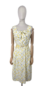 Original 1950's Yellow, Green and Brown Novelty Print Sleeveless Belted Day Dress with Roses, Birds and Birdcage Print - Bust 38
