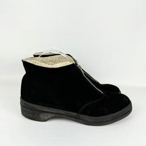 Original 1950's Morlands Fur Lined Black Suede Zip Front Winter Boots - UK 6 6.5