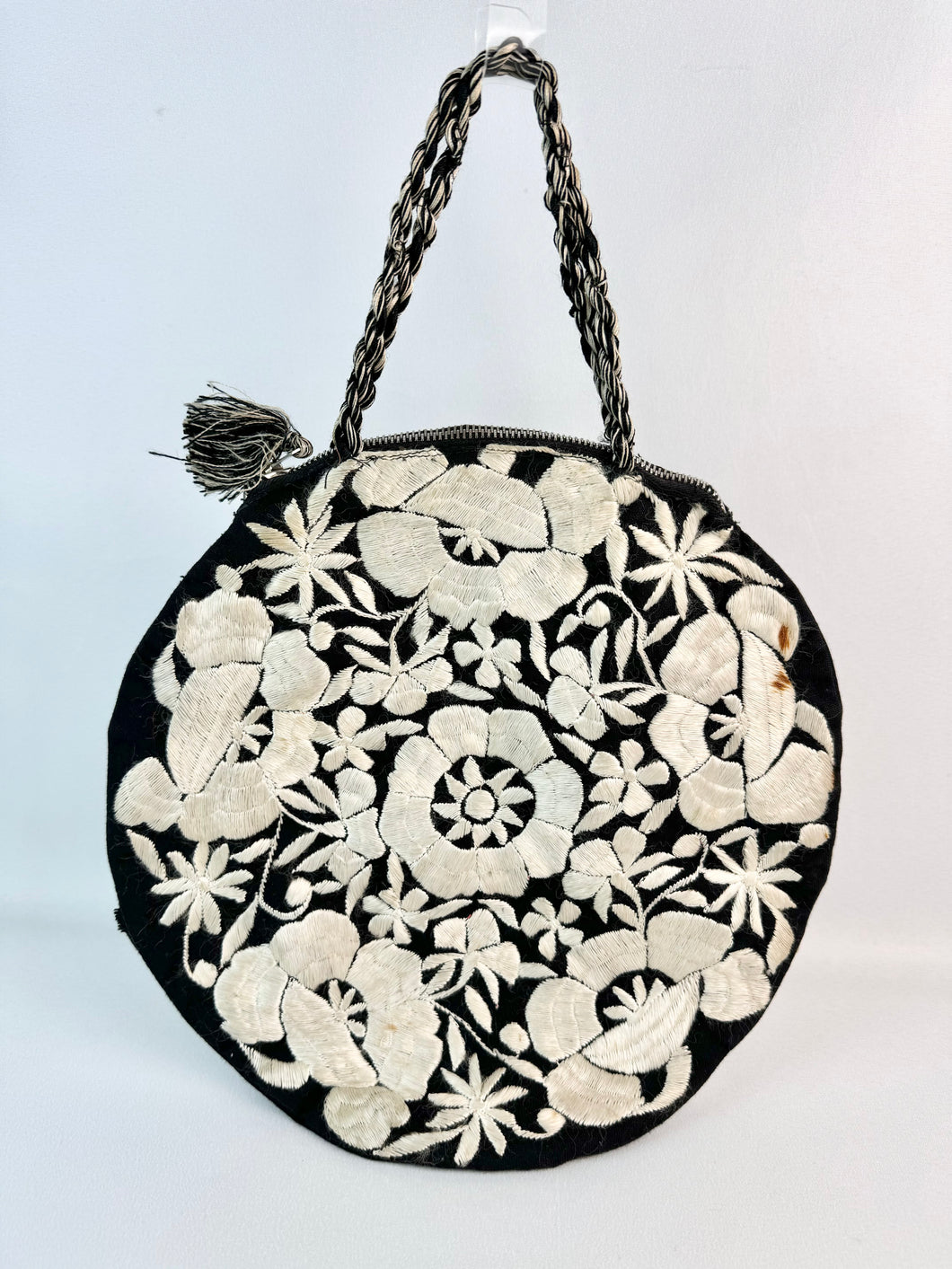 Original 1920's Black Cotton and Ivory Silk Embroidered Circular Bag *