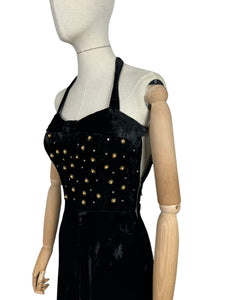 Original 1950’s Black Velvet Halterneck Full Length Evening Dress with Beaded Bodice - Bust 32 33