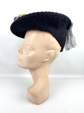 Load image into Gallery viewer, Original Late 1930&#39;s or Early 1940&#39;s Midnight Blue New York Creations Hat with Velvet Flowers and Net Trim
