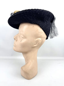Original Late 1930's or Early 1940's Midnight Blue New York Creations Hat with Velvet Flowers and Net Trim