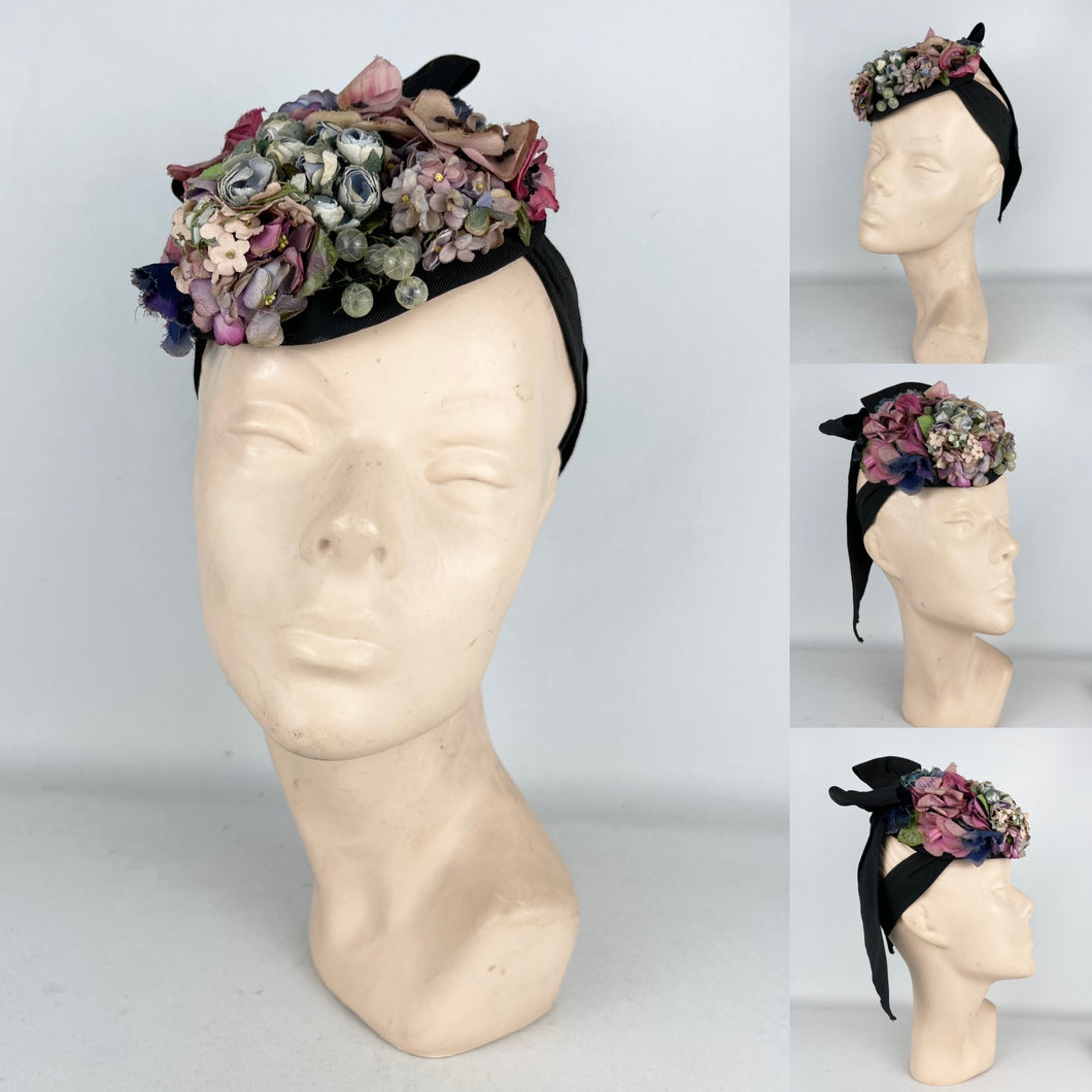 Original 1940’s Black Topper Hat with Pastel Flowers in Pink, Purple and Blue and Huge Bow Trim *