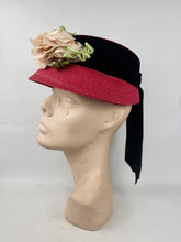 Load image into Gallery viewer, Original 1950's Cherry Red Straw hat with Wide Black Velvet Trim and Cream and White Floral Trim
