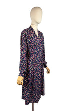 Load image into Gallery viewer, Original 1940's Navy Blue Crepe Long Sleeved Day Dress with Floral Print in Pink and Purple
