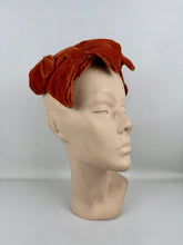 Load image into Gallery viewer, Original 1950&#39;s Burnt Orange Cotton Velvet Hat with Bow Detail
