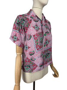 Original 1940's Vibrant Rayon 'SPORTSWEAR' Blouse in Pink, Red, Green and White - Bust 32 34