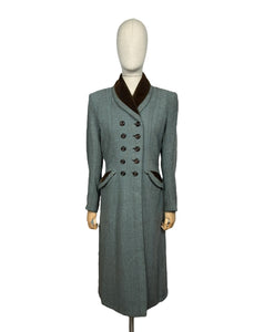 Original 1940's CC41 Brown and Blue Herringbone Wool Double Breasted Coat - Bust 36