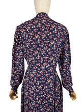 Load image into Gallery viewer, Original 1940's Navy Blue Crepe Long Sleeved Day Dress with Floral Print in Pink and Purple
