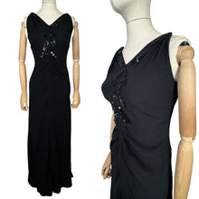 Load image into Gallery viewer, Original 1940&#39;s Bias Cut Black Crepe Full Length Evening Dress with Sequin Trim - Bust 36 38 *
