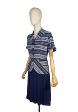 Load image into Gallery viewer, Original 1940's Navy Blue and Grey Linen Stripe Day Dress - Bust 36
