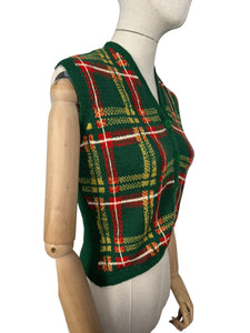 Original 1940's 1950's Green, Red, Yellow and White Tartan Waistcoat - Bust 32" 34"