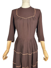 Load image into Gallery viewer, Original 1940’s Chocolate Brown Crepe Dress with Accent Trim - Bust 36
