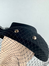Load image into Gallery viewer, Outstanding Original 1940's Inky Black Felt Heart Hat with Face Veil and Stud Detail
