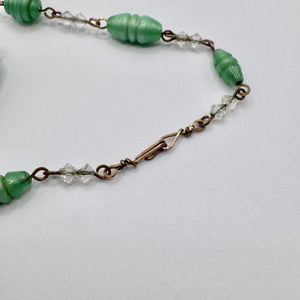 Original Art Deco Green Satin Glass Necklace with Clear Spacers