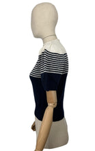 Load image into Gallery viewer, Reproduction 1940&#39;s Striped Jumper in Midnight Blue and White with Full Puff Sleeves - Bust 34 36
