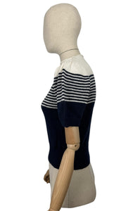 Reproduction 1940's Striped Jumper in Midnight Blue and White with Full Puff Sleeves - Bust 34 36