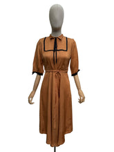 Load image into Gallery viewer, Original 1950's Caramel Coloured Grosgrain Belted Dress with Black Accent Trim - Bust 34 35
