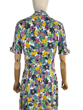 Load image into Gallery viewer, Original 1940's Bold Floral Crepe Day Dress in Pink, Green, Black and Yellow with Mother of Pearl Buttons - Bust 34
