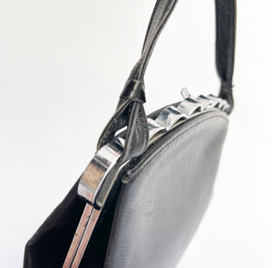 RESERVED FOR KAT DO NOT BUY Original 1930's Black Leather Bag with Scalloped Chrome Trim and Single Handle