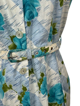 Load image into Gallery viewer, Original 1950&#39;s Stripe Floral Cotton Sleeveless Belted Day Dress in Blue and White with Bold Blue Roses - Bust 36 37
