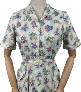 Original 1940's 1950's Cotton Belted Day Dress with Floral Print in Blue, Pink, Green and Yellow - Bust 38