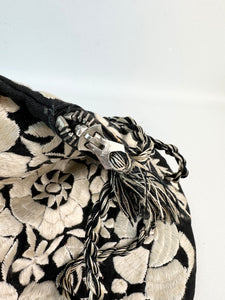 Original 1920's Black Cotton and Ivory Silk Embroidered Circular Bag *