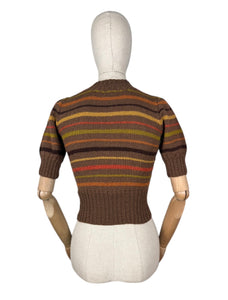 Reproduction 1930's Brown Hand Knitted Alpaca Wool Stripe Jumper with Puff Sleeves and Double Button Fastening - Bust 32