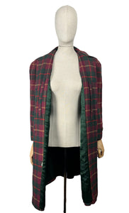 Original 1940's American Made Wool Plaid Coat in Burgundy, Green and Old Gold - Satin Lined - Bust 34 36
