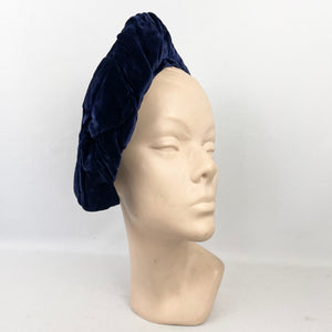 Original 1940's Blue Velvet Beret Hat with Large Bow Trim by Jacoll