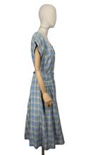Load image into Gallery viewer, Original 1950&#39;s Blue, Brown and White Embroidered Check Belted Dress - Bust 36 38

