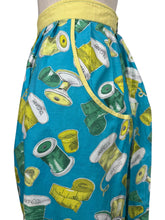 Load image into Gallery viewer, Original 1950's Novelty Print Cotton Apron with Sewing Theme in Blue, Yellow and Green - Waist 38 40

