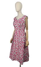Load image into Gallery viewer, Original 1950's White, Pink and Grey Waffle Cotton Rose Print Day Dress - Bust 35 *
