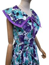 Load image into Gallery viewer, Original 1950's Vibrant Cotton Day Dress in Purple, Blue and White - Bust 36

