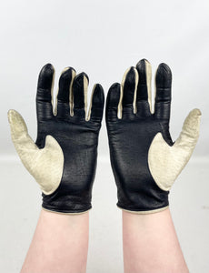 Original 1960's Midnight Blue and Cream Kid Leather Driving Gloves with Popper Fastening