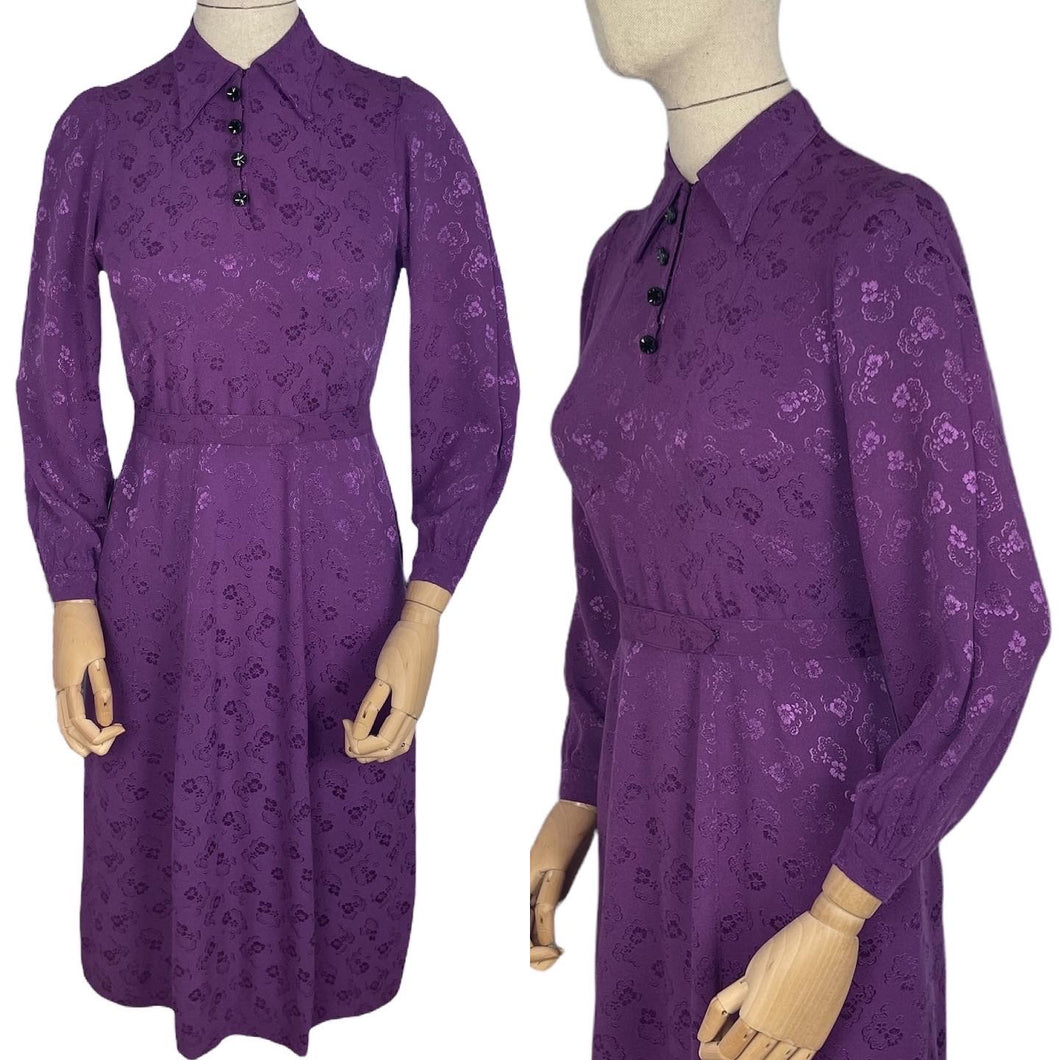 Original 1940's Cadbury Purple Floral Crepe Dress with Belt and Glass Buttons - Bust 34