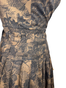 Original 1950's Petite Fit Black and Brown Floral Print Sleeveless Day Dress - Bust 32 34
