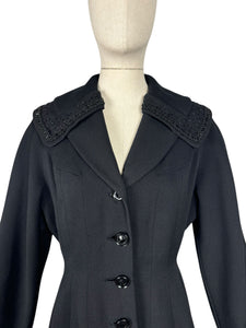 Original 1950's Petite Length Black Wool Princess Coat with Beaded Shawl Collar - Bust 38