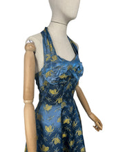 Load image into Gallery viewer, Original 1950&#39;s Blue and Gold Halterneck Cocktail Dress - Bust 36 37 *
