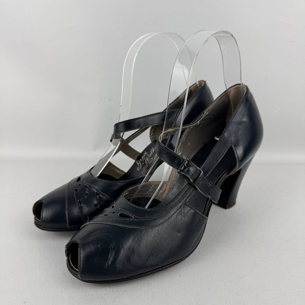 Original Deadstock 1940's Navy Blue Leather Peep Toe Shoes - UK 4 or 4.5