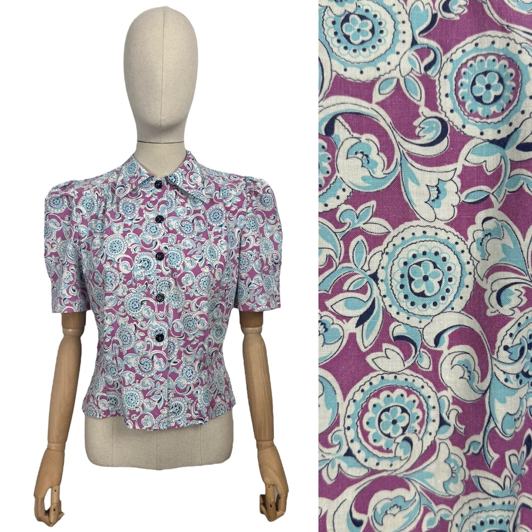 1940's Reproduction Blouse in Mauve, Blue and White Floral Made from a Feed Sack - Bust 35 37