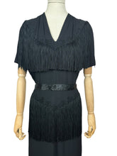 Load image into Gallery viewer, Original 1940&#39;s B Altman New York Full Length Black Crepe Evening Dress with Fringe Detail - Bust 36 38
