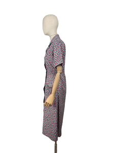 Original Volup 1930's Blue Cotton Dress with Pretty Floral Print in Red, Green and White - Bust 40 42