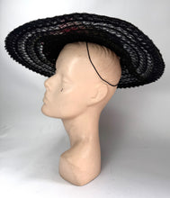 Load image into Gallery viewer, Original 1940's Black Mesh Pancake Hat with Pink Flower and Green Net Trim *

