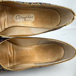 Original 1950’s Rainbow Floral Lounge Shoes with Gold Bow Trim - Charming Slippers - Size 5.5 or 6 *