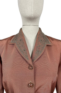 Original 1950’s Warm Brown Grosgrain Belted Jacket with Soutache Trim - Bust 36 37
