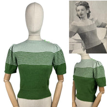 Load image into Gallery viewer, Reproduction 1940&#39;s Striped Jumper in Turtle Green and Pale Sage Green Pure Wool with Full Puff Sleeves - Bust 34 36
