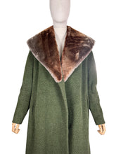 Load image into Gallery viewer, Original 1950's Volup Rensor Green Herringbone Wool Coat with Huge Faux Fur Collar - Bust 42 44
